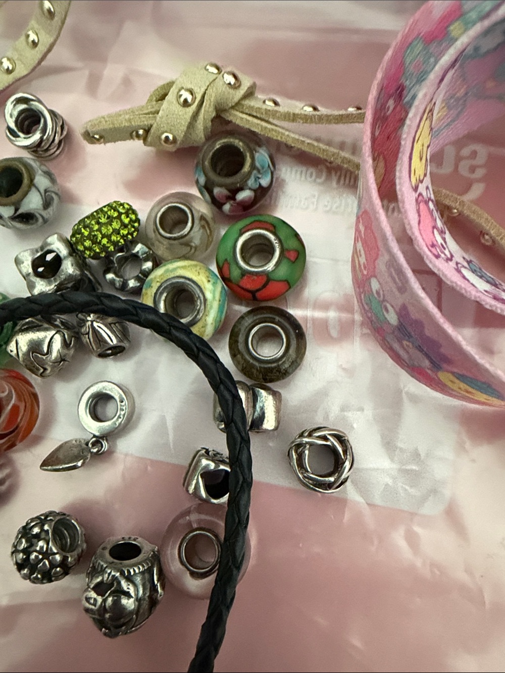 Pandora Black Braided Leather Necklace with Pink and Green Charm Accents - Picture 4 of 9